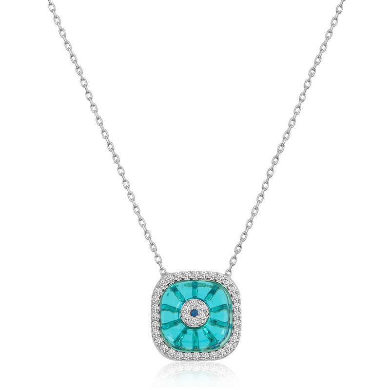 Collier femme en argent rhodié avec œil carré en verre et mauvais œil