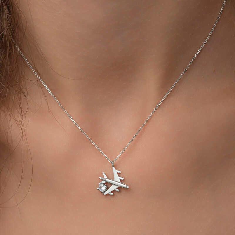 Collier pour femme en argent rhodié avec pierre unique représentant un avion