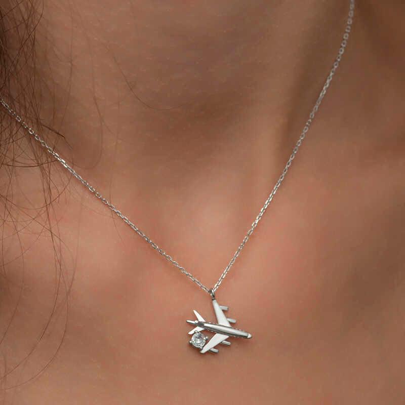 Collier pour femme en argent rhodié avec pierre unique représentant un avion