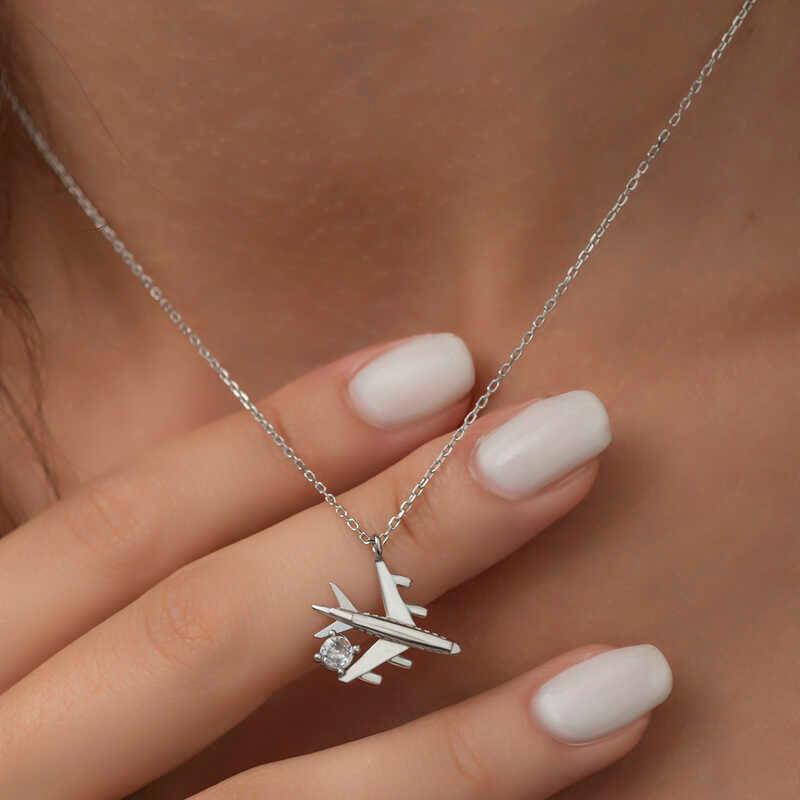 Collier pour femme en argent rhodié avec pierre unique représentant un avion