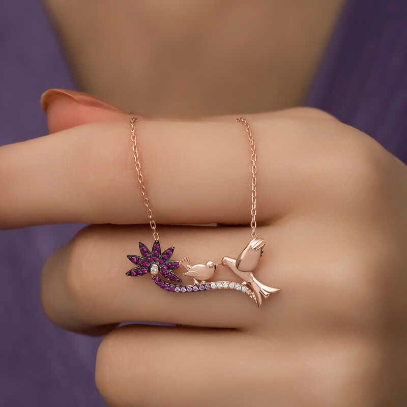 Silver Rose Mother and Baby Bird Women's Necklace