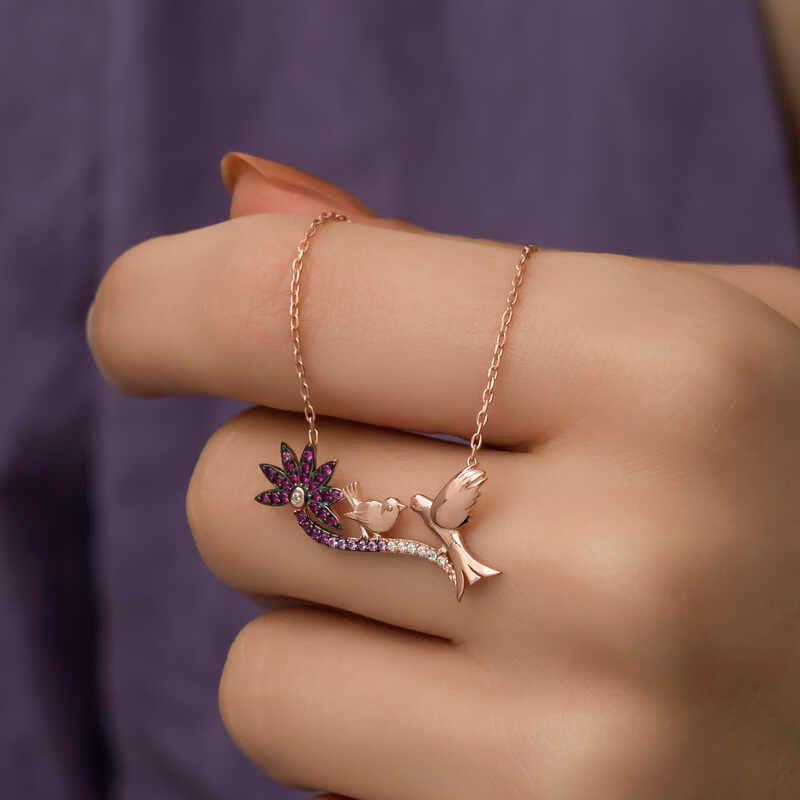 Silver Rose Mother and Baby Bird Women's Necklace