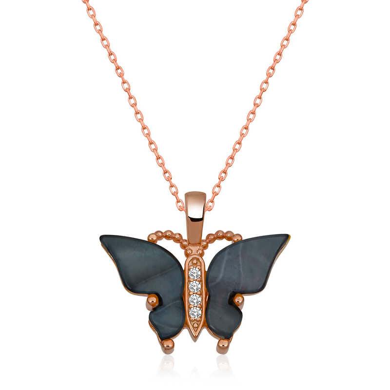 Silver Rose Anthracite Tiger's Eye Stone Butterfly Necklace