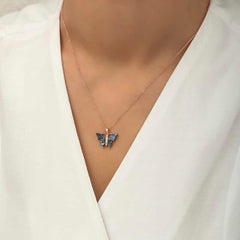 Silver Rose Anthracite Tiger's Eye Stone Butterfly Necklace