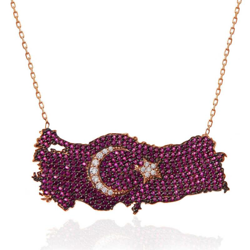 Silver Rose Crescent Star Türkiye Map Women's Necklace