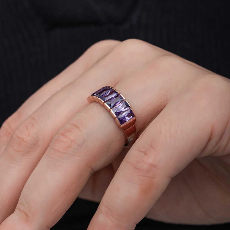 Silver Rose Baguette Amethyst Stone Women's Ring