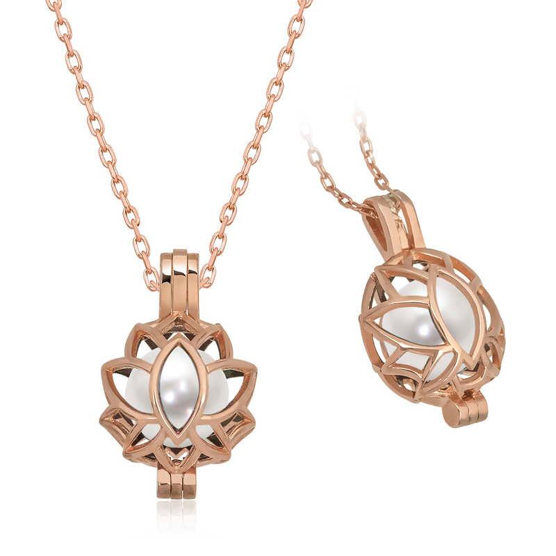 Silver Rose White Pearl Caged Lotus Women's Necklace