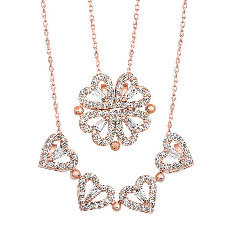 Silver Rose Heart Openable Clover Women's Necklace