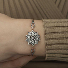 Silver Rose Flower Patterned Diamond Mount Bracelet