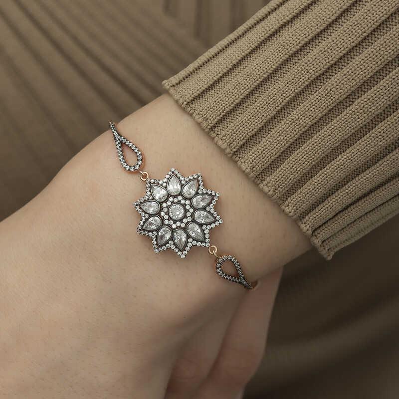 Silver Rose Flower Patterned Diamond Mount Bracelet