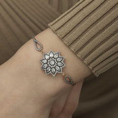 Silver Rose Flower Patterned Diamond Mount Bracelet
