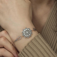 Silver Rose Flower Patterned Diamond Mount Bracelet
