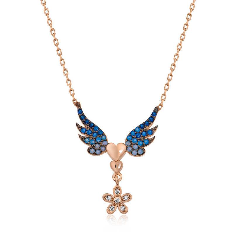 Silver Rose Flower Winged Heart Necklace