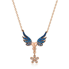 Silver Rose Flower Winged Heart Necklace