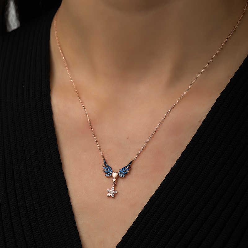 Silver Rose Flower Winged Heart Necklace
