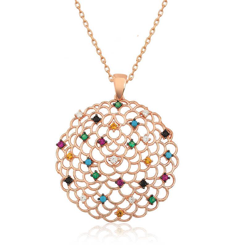 Silver Rose Geometric Patterned Medallion Necklace