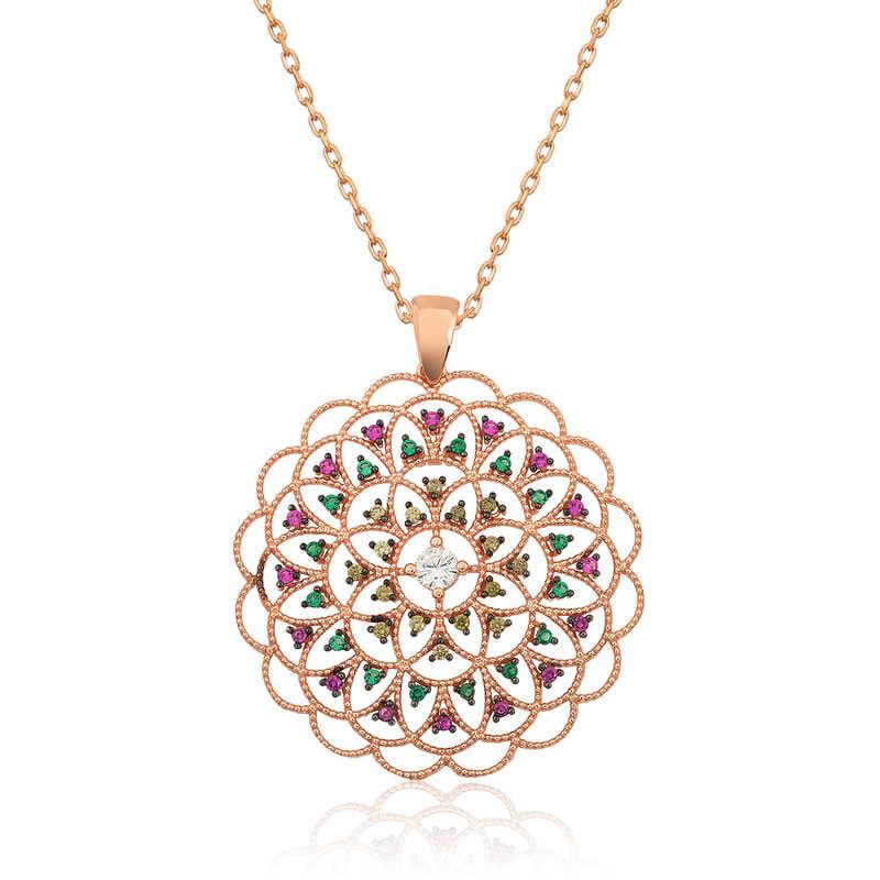Silver Rose Geometric Patterned Medallion Necklace