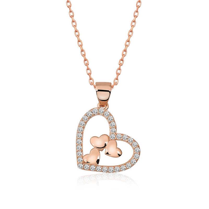 Silver Rose Heart Three Hearts Necklace