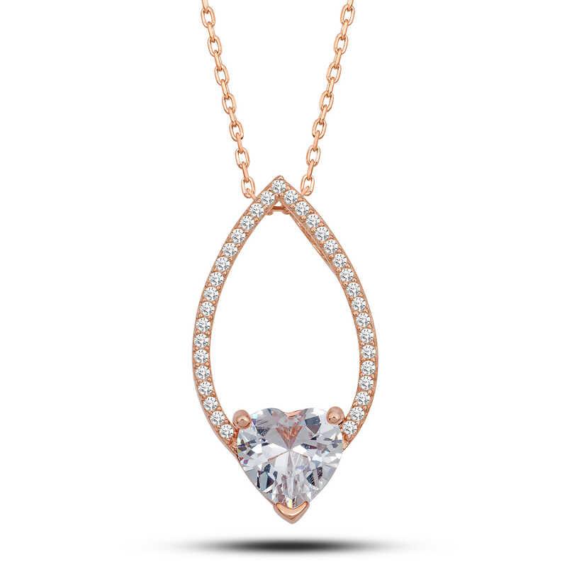 Silver Rose Heart White Stone Drop Women's Necklace