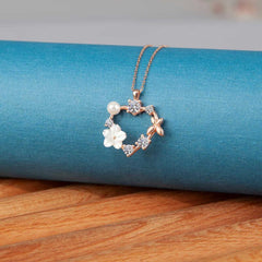 Silver Rose Heart Magnolia Flower Butterfly Women's Necklace