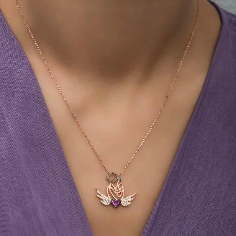 Silver Rose Heart Mother and Child Necklace