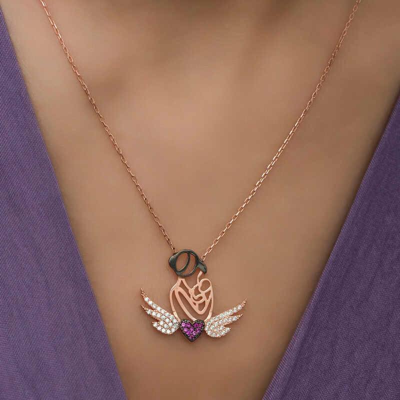 Silver Rose Heart Mother and Child Necklace