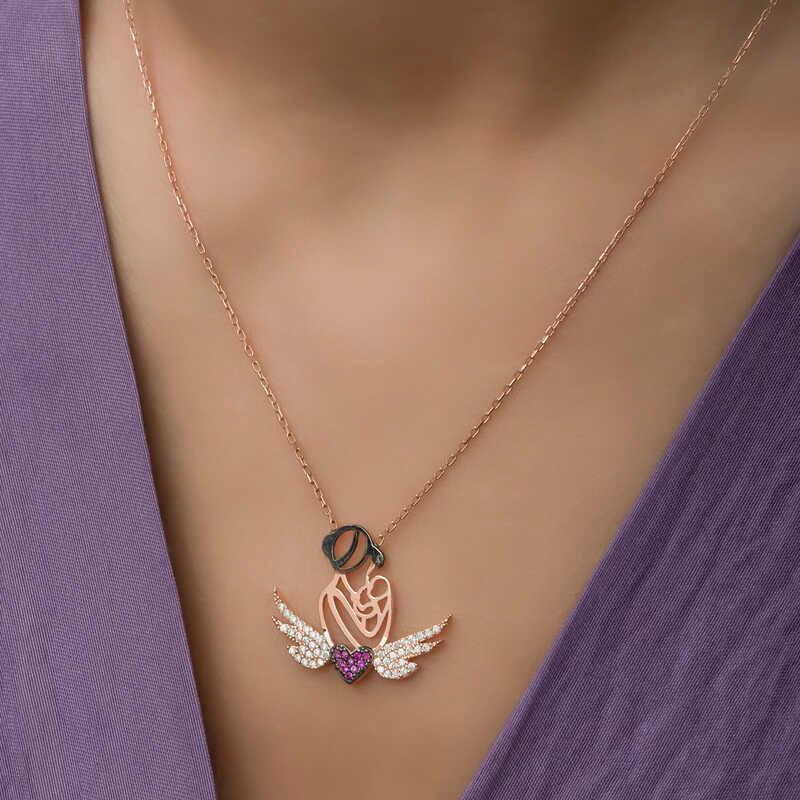 Silver Rose Heart Mother and Child Necklace