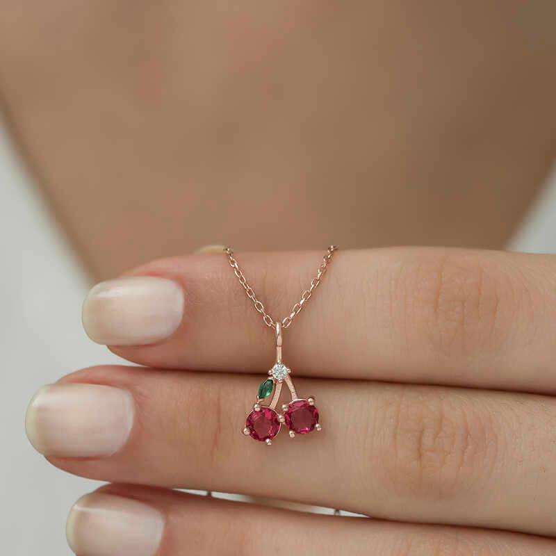 Gümüş Rose Kiraz Figürlü Meyve Kolye