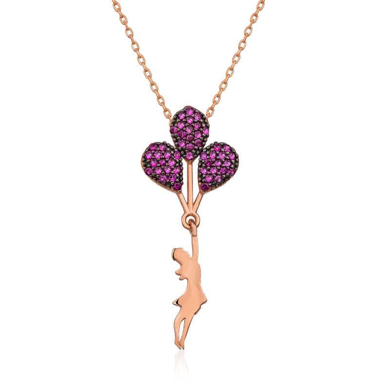 Silver Rose Red Balloon Girl Necklace