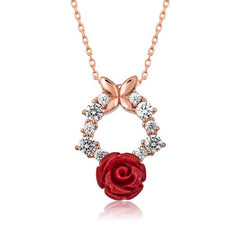 Silver Rose Red Rose Necklace