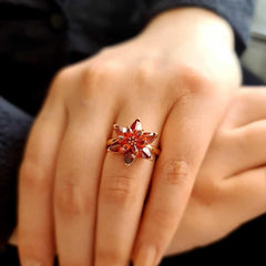 Silver Rose Red Lotus Flower Ring