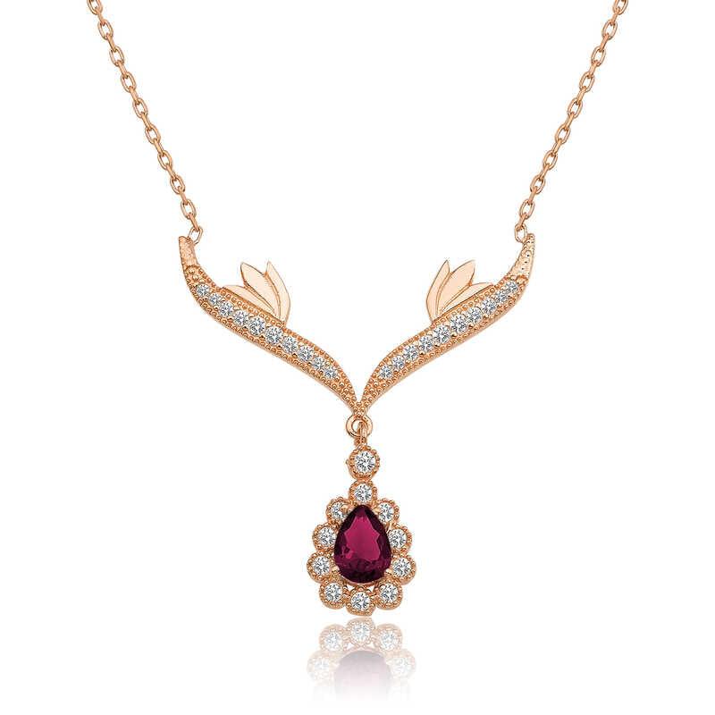 Silver Rose Red Stone Medallion Women's Necklace