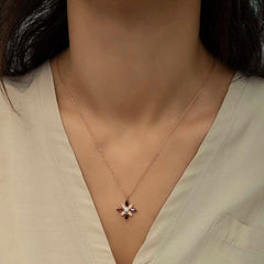 Silver Rose Red Stone Hope Flower Necklace