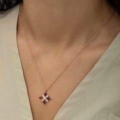 Silver Rose Red Stone Hope Flower Necklace