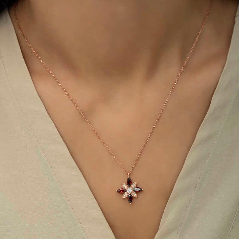 Silver Rose Red Stone Hope Flower Necklace