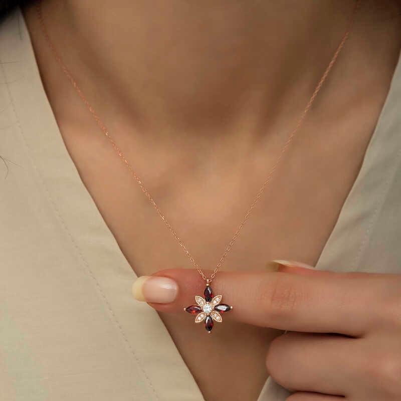 Silver Rose Red Stone Hope Flower Necklace