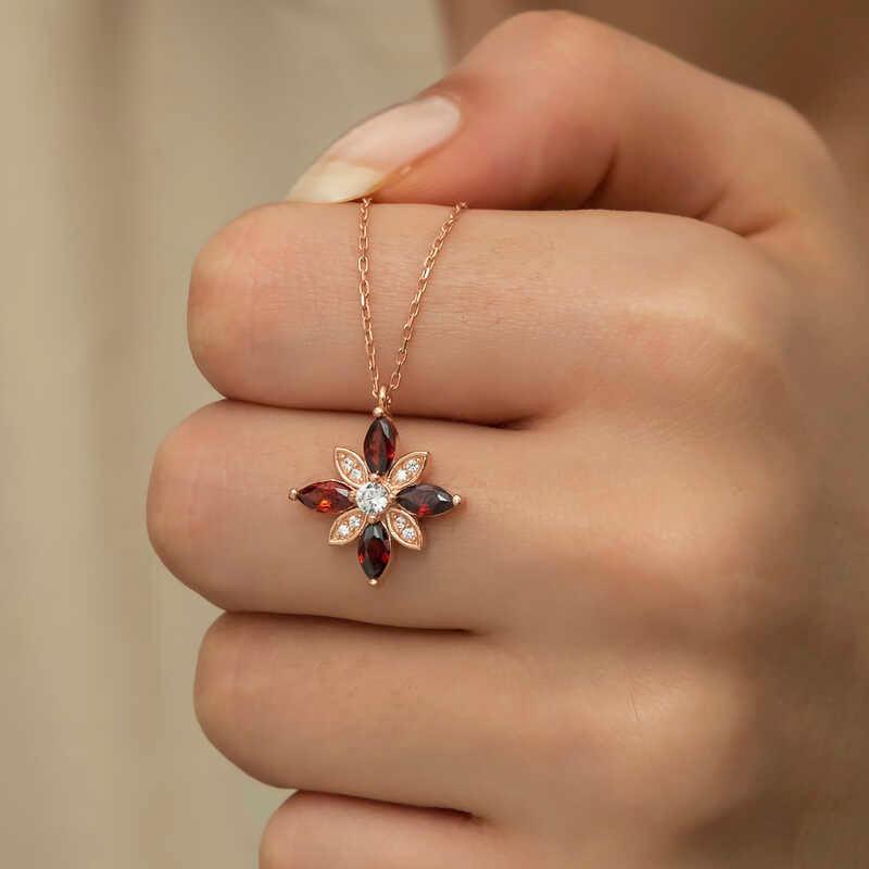 Silver Rose Red Stone Hope Flower Necklace