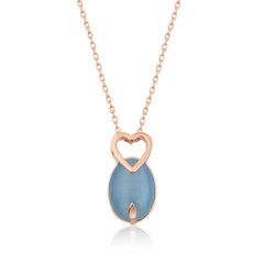 Silver Rose Blue Cat's Eye Stone Heart Necklace