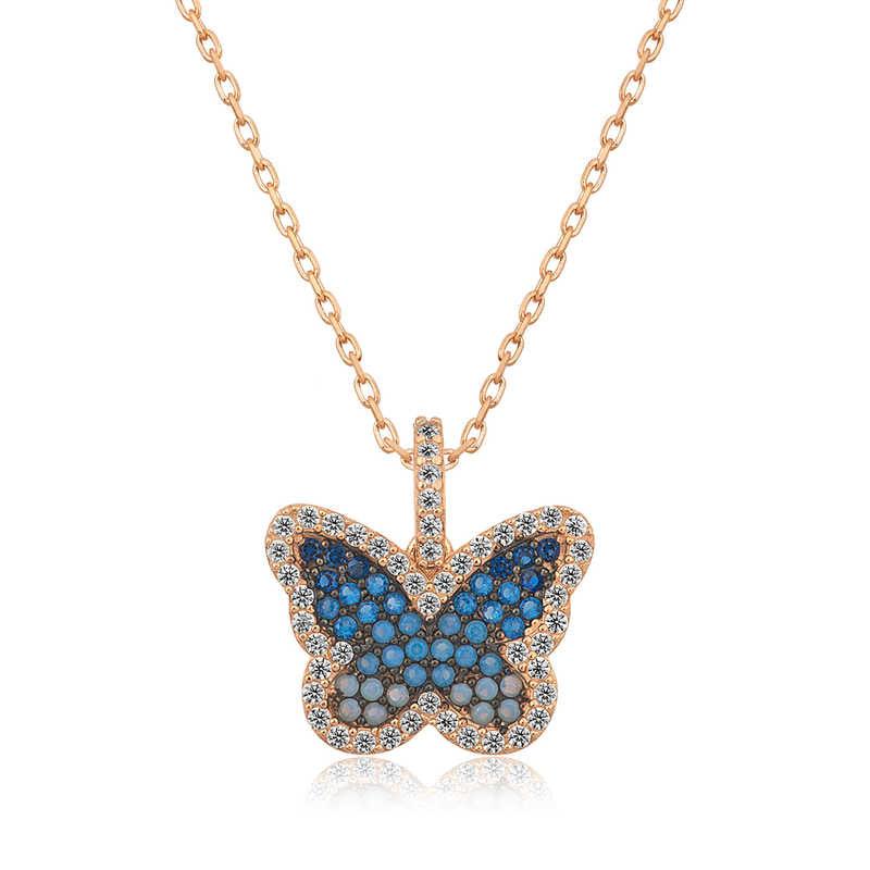 Collier pour femme en argent rose avec papillon bleu