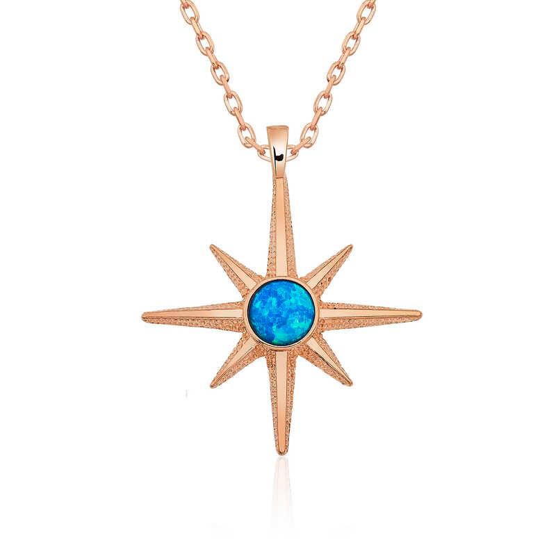 Silver Rose Blue Opal Stone Polar Star Necklace