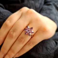 Silver Rose Purple Lotus Flower Ring