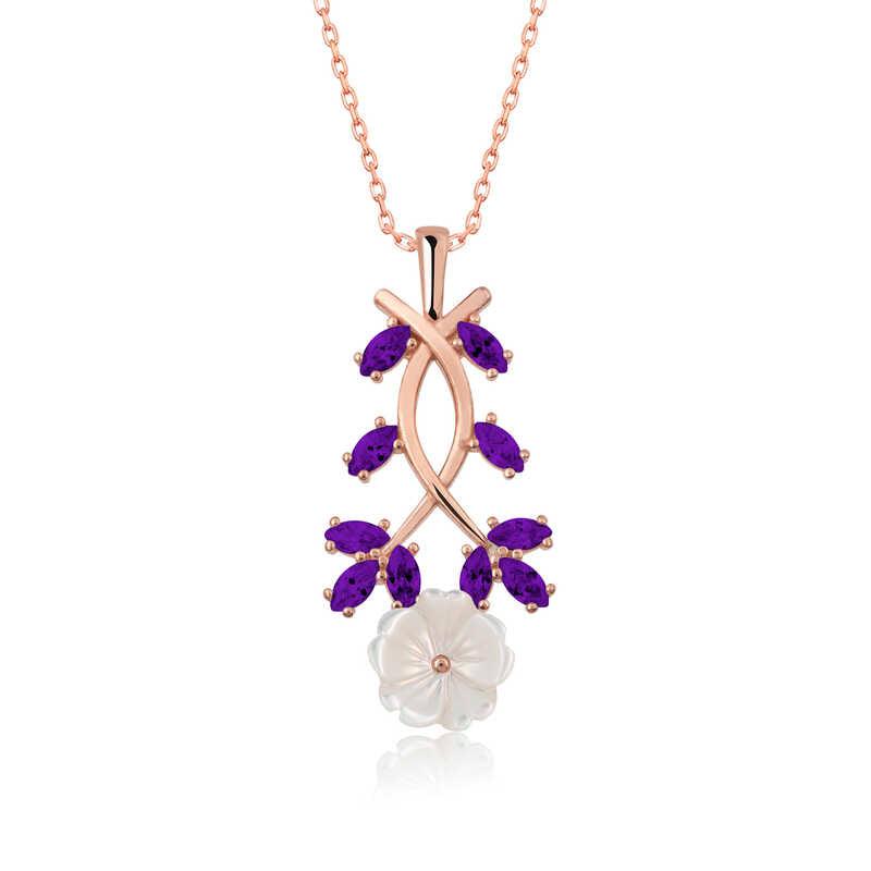 Silver Rose Purple Leaf Spring Flower Necklace