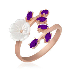 Silver Rose Purple Petal Spring Flower Ring