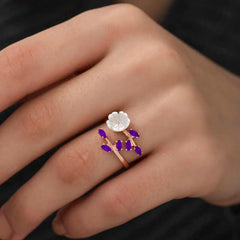 Silver Rose Purple Petal Spring Flower Ring