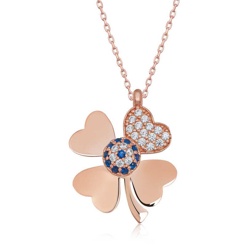 Silver Rose Evil Eye Four Leaf Clover Women's Necklace