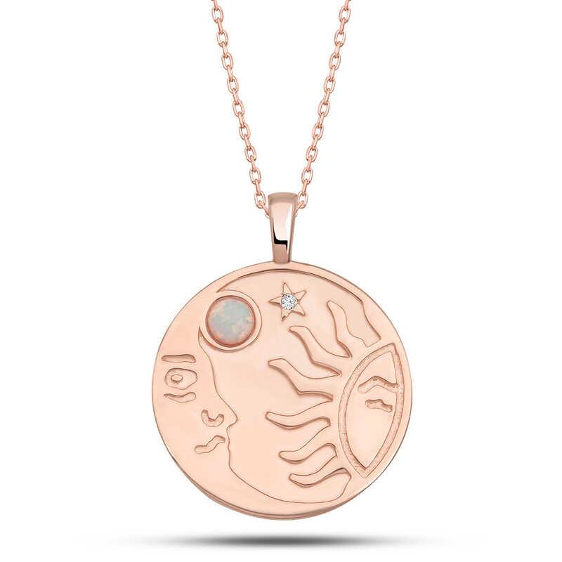 Collier pour femme en argent, opale rose, pierre blanche, lune et soleil