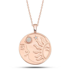 Collier pour femme en argent, opale rose, pierre blanche, lune et soleil