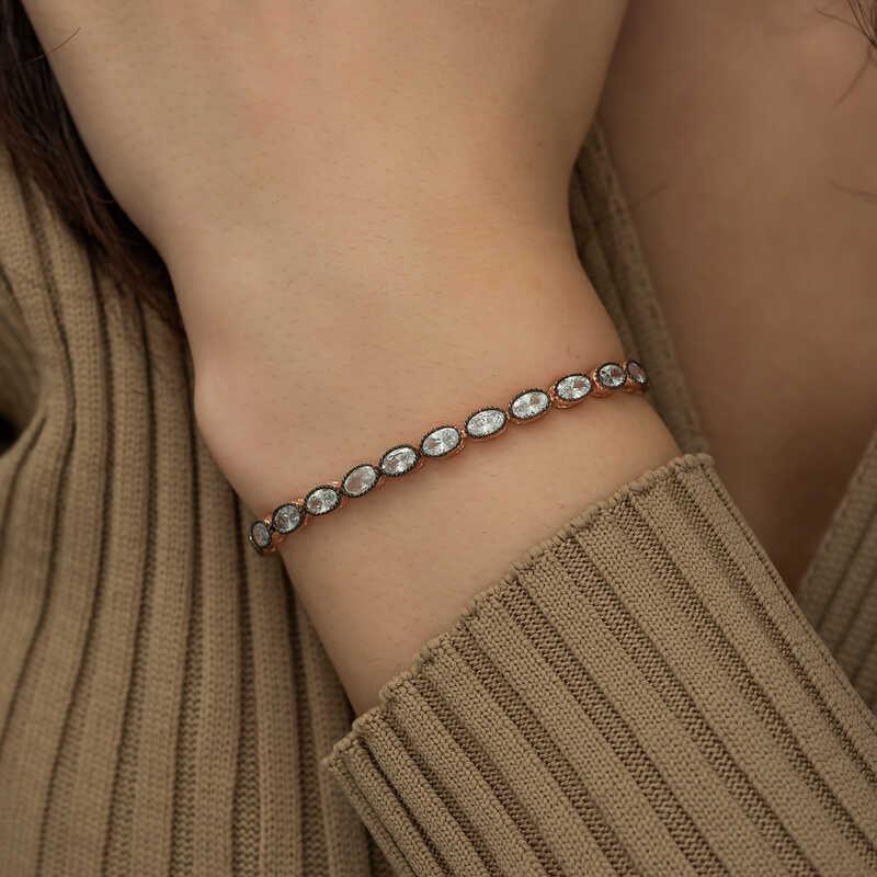 Silver Rose Oval Cut Diamond Mount Elevator Bracelet