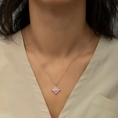 Silver Rose Pink Stone Hope Flower Necklace