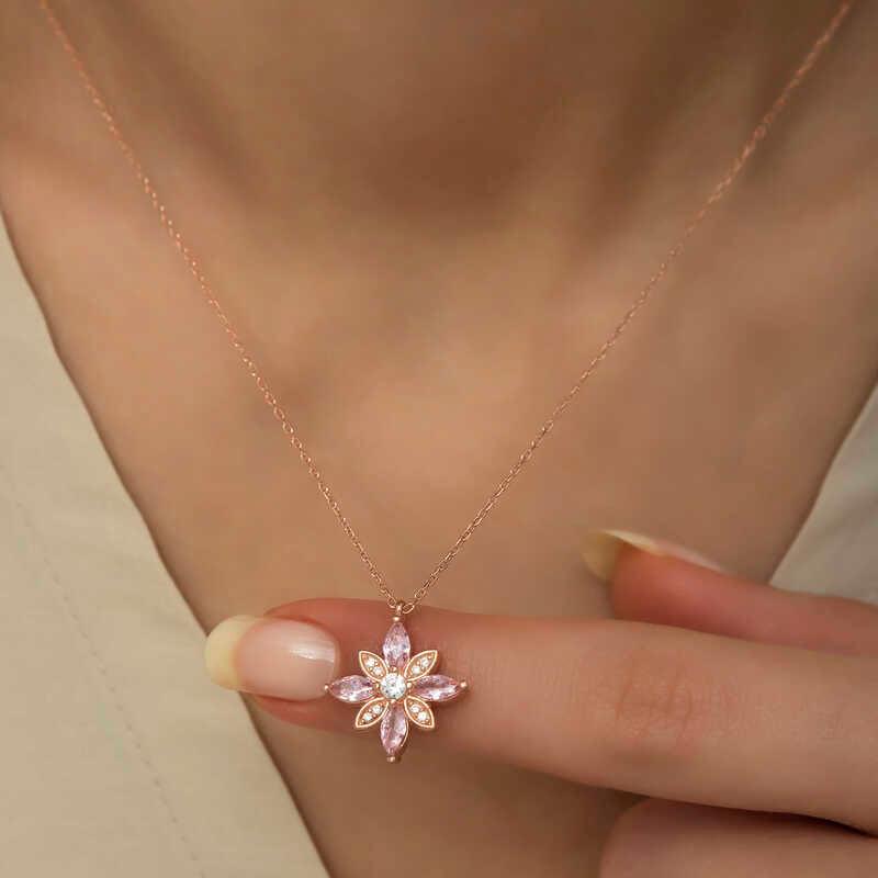 Silver Rose Pink Stone Hope Flower Necklace